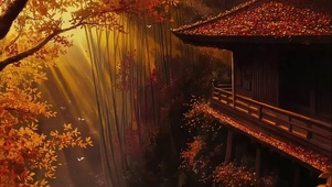 秋日森林落叶古朴建筑