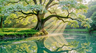 晨曦湖畔花树治愈风景