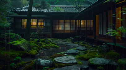 雨天木屋庭院 