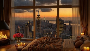 城市余晖卧室玻璃雨