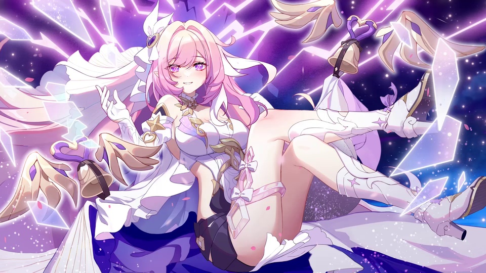 粉发紫瞳少女，紫蓝色背景配发光玻璃碎片与星光
