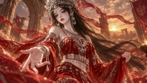 西域古风神女落日红纱