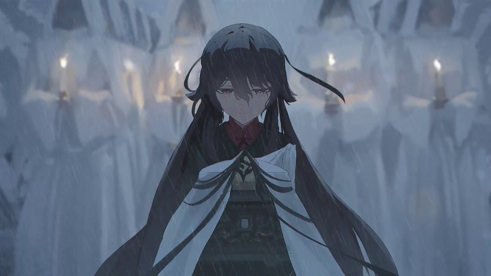 灰蓝色朦胧雨幕中，留黑色长发的动漫少女立于密集雨里，神情低落，一旁晕出暖黄烛火光斑。