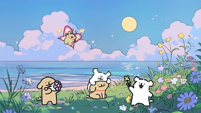 可爱线条插画小狗快乐海边卡通