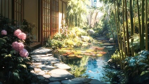 庭院夏日池塘溪流竹林