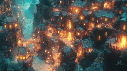 梦幻山林小镇夜晚建筑