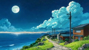 月夜海岸小屋