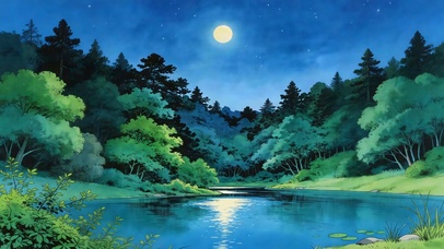 林间月夜映湖