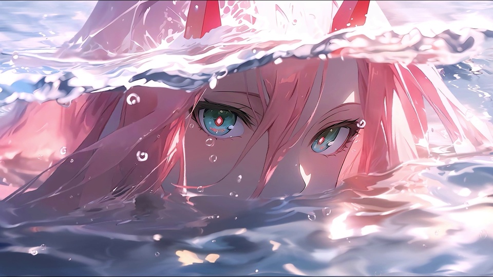 粉发红眼动漫少女半身浸在水面，仅露双眼与长发，水浪漫过头顶，清透水面浮着透明气泡。