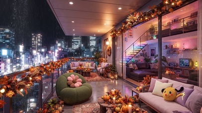 城市雨夜房间