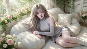 温柔光影窗边银发美少女