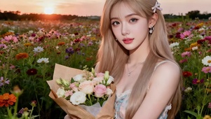 晚霞映衬美丽田野捧花美女