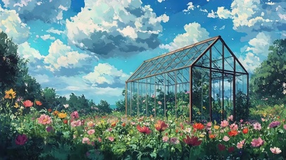 晴天白云山坡玻璃小屋