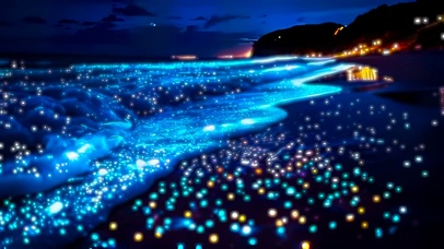 夜晚荧光沙滩舒缓浪花