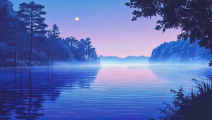 迷雾森林湖泊夜景