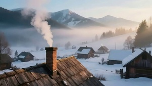 落日雪原山谷小屋