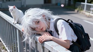 白发JK少女与街头白猫
