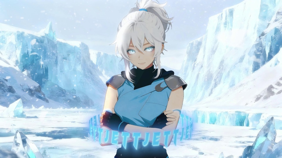 白发高马尾少女站在飘雪的冰原峡谷中，身前环绕淡蓝色发光字符。