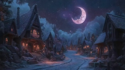 弯月星空温馨夜晚小镇