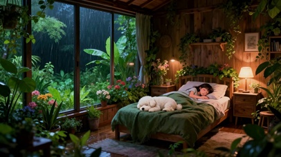 雨中森林木屋的卧室与宠物共眠