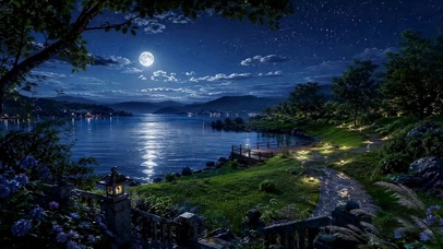 静谧月夜湖畔星空风景