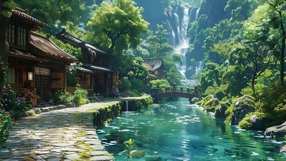 护眼绿景瀑布山水