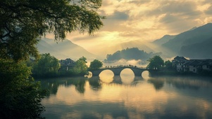 夕阳湖水