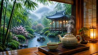 窗外园林雨景