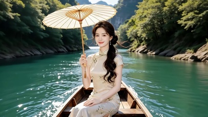 青山碧水间乘舟撑伞的旗袍美女