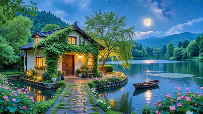 唯美月下湖畔小屋