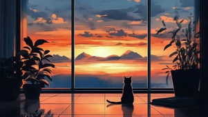 落日晚霞室内可爱猫咪