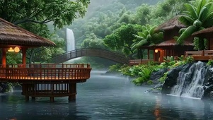 护眼绿景树木河流带鱼屏