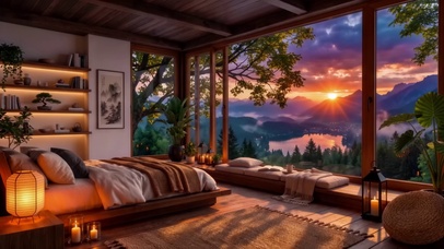 山林湖畔夕阳木屋