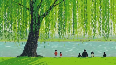 治愈插画，河边柳下