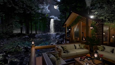 夜晚圆月瀑布流水木屋