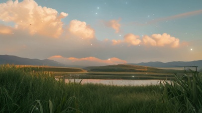 唯美风景草丛小溪夕阳白云