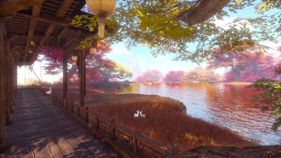 唯美古风秋日湖畔木屋