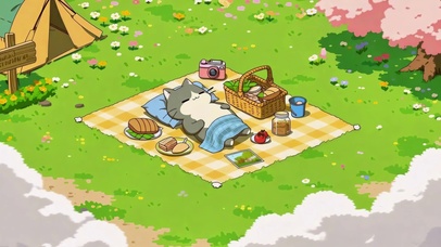 樱花草地上的野餐猫咪