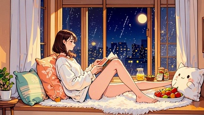 【雨景】夜晚在窗前读书的少女