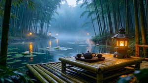 夏日雨天竹林荷塘