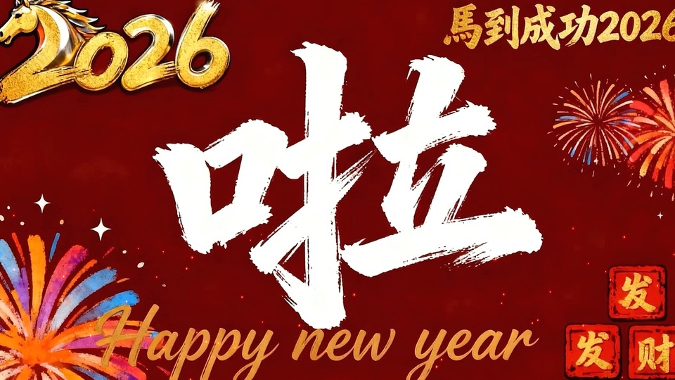 红底新春壁纸，中央白色毛笔字搭配金色书法与彩色烟花装饰。