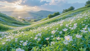 白色花田晨光山野风景