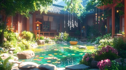 日式庭院午后微光池塘