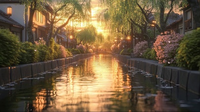 黄昏河流古城落日建筑