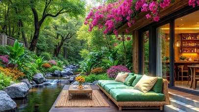 山间绿色溪水小屋