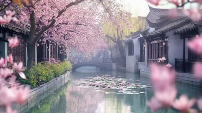 春日河岸水乡建筑风景