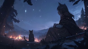 少女 猫和晚霞