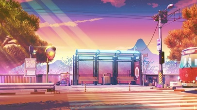 唯美夕阳公交站台