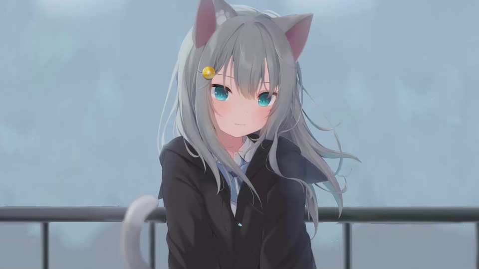 灰发猫耳少女与浅蓝雾感栏杆背景