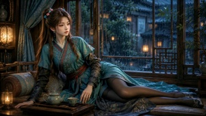 雨夜窗前古风美少女